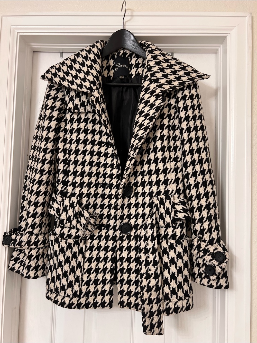 Guess Black & White Houndstooth Peacoat